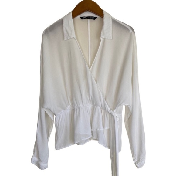 Zara Sheer Faux-Wrap Blouse w Tie Dolman Sleeve Ruffled Collared White Sz S - Picture 2 of 14